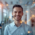 A marketer touching a holographic dashboard of animated visuals and data, representing how interactive graphics drive engagement in digital marketing.