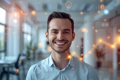 A marketer touching a holographic dashboard of animated visuals and data, representing how interactive graphics drive engagement in digital marketing.