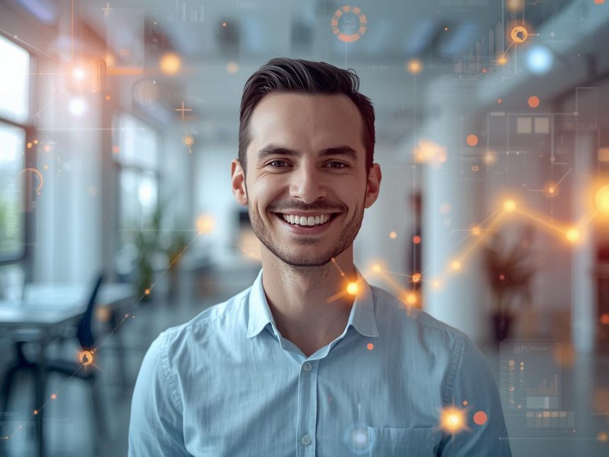 A marketer touching a holographic dashboard of animated visuals and data, representing how interactive graphics drive engagement in digital marketing.