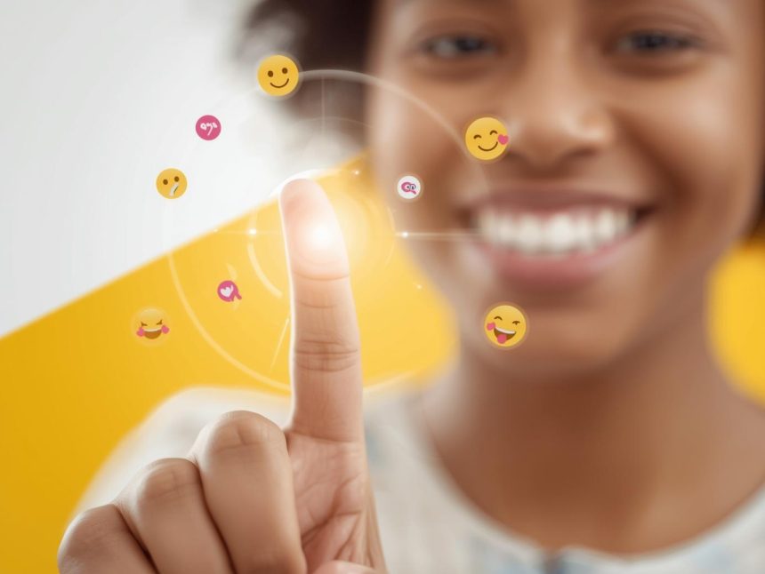 A smiling marketer surrounded by bright emojis, hearts, and shopping icons, symbolizing how humor and fun drive engagement in digital marketing.