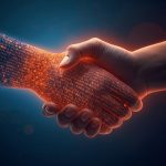 Two hands — one digital, one human — shake in glowing light, symbolizing the fusion of profit and purpose in modern impact marketing.