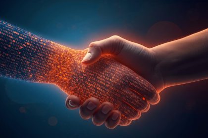 Two hands — one digital, one human — shake in glowing light, symbolizing the fusion of profit and purpose in modern impact marketing.