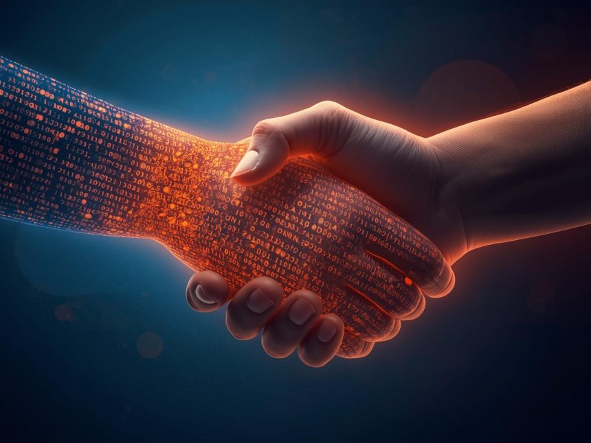 Two hands — one digital, one human — shake in glowing light, symbolizing the fusion of profit and purpose in modern impact marketing.