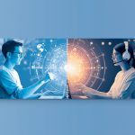 A marketer and customer service agent collaborating through digital dashboards, symbolizing how integrated support drives digital marketing success.