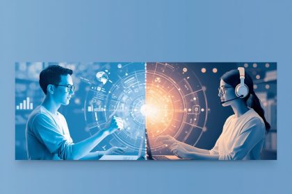 A marketer and customer service agent collaborating through digital dashboards, symbolizing how integrated support drives digital marketing success.