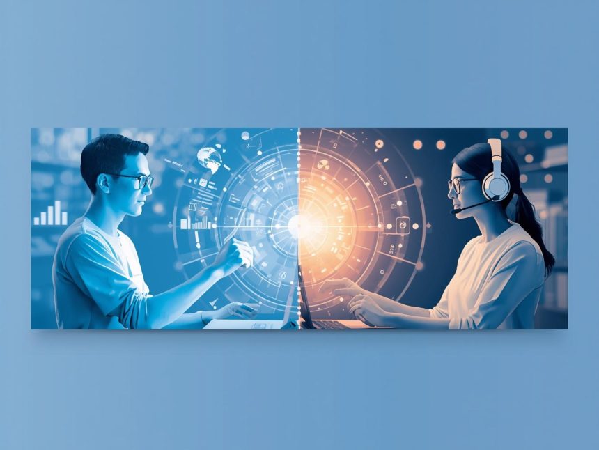 A marketer and customer service agent collaborating through digital dashboards, symbolizing how integrated support drives digital marketing success.