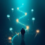 A glowing digital path connecting multiple customer touchpoints, symbolizing the power of mapping and mastering the digital customer journey for stronger brand connections.