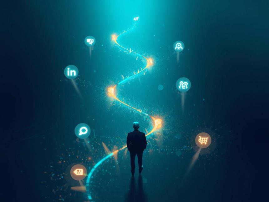A glowing digital path connecting multiple customer touchpoints, symbolizing the power of mapping and mastering the digital customer journey for stronger brand connections.