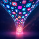 A central glowing hub connected to multiple digital platforms like chat, social media, and email, symbolizing unified customer support across channels.