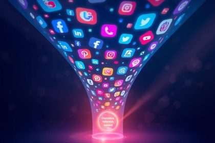 A central glowing hub connected to multiple digital platforms like chat, social media, and email, symbolizing unified customer support across channels.