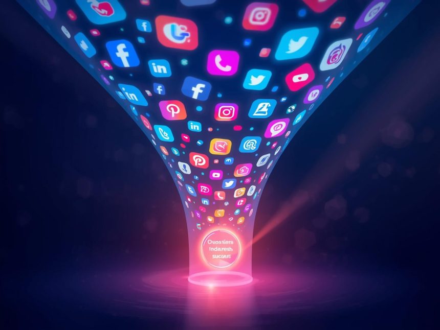 A central glowing hub connected to multiple digital platforms like chat, social media, and email, symbolizing unified customer support across channels.