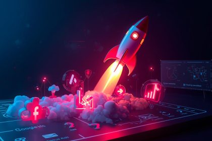 A marketer surrounded by connected screens for social media, email, and ads, symbolizing the power of integrated multi-channel marketing for digital growth.