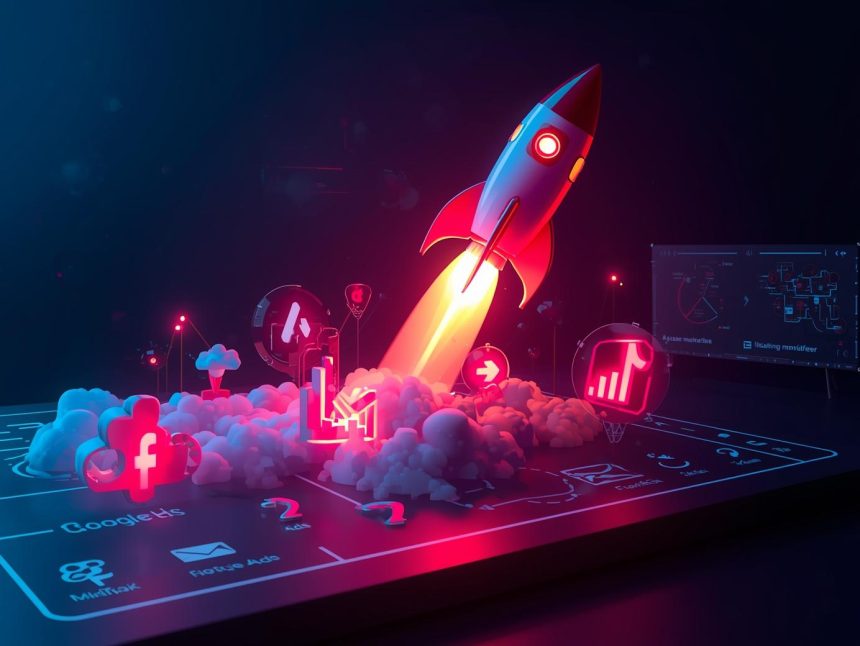 A marketer surrounded by connected screens for social media, email, and ads, symbolizing the power of integrated multi-channel marketing for digital growth.