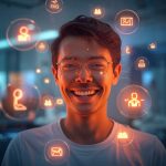 A 3D holographic customer surrounded by glowing support icons across multiple channels, symbolizing unified omni-channel support in digital marketing.