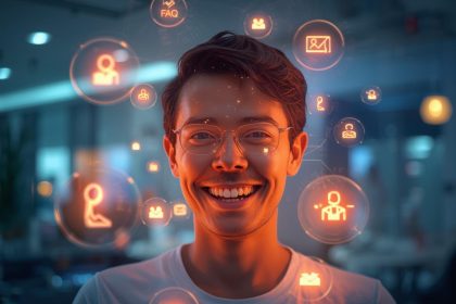 A 3D holographic customer surrounded by glowing support icons across multiple channels, symbolizing unified omni-channel support in digital marketing.