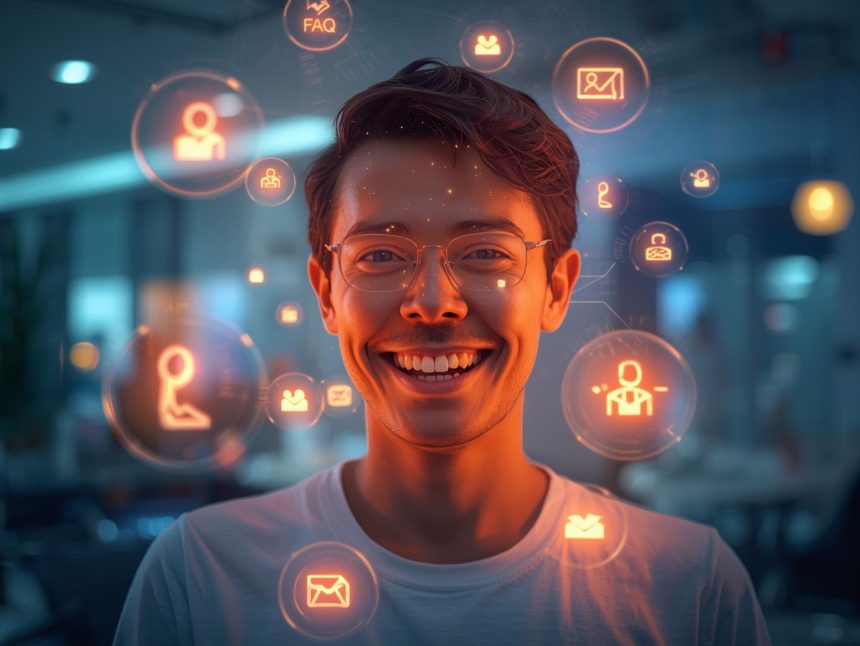 A 3D holographic customer surrounded by glowing support icons across multiple channels, symbolizing unified omni-channel support in digital marketing.