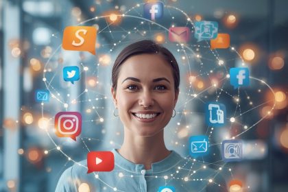 A glowing network connecting multiple devices and digital channels with flowing light trails, symbolizing a unified, seamless omnichannel customer experience.