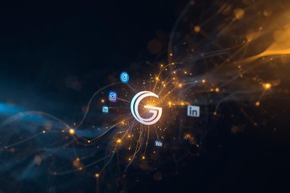 A central glowing brand logo connected to multiple digital platform icons, symbolizing brand unity and consistent alignment across all marketing channels.