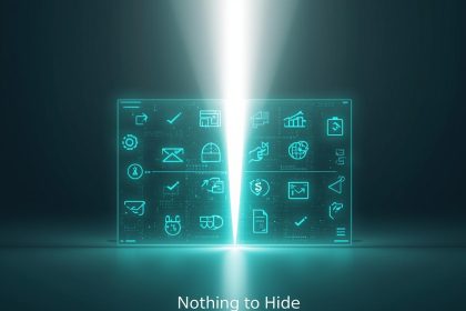 A marketer holding a glowing crystal sphere showing connected customers inside, symbolizing transparency and open communication in digital marketing.