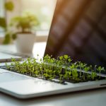 A marketer holds a glowing digital Earth surrounded by eco-icons, symbolizing planet-first digital marketing and sustainable customer engagement.
