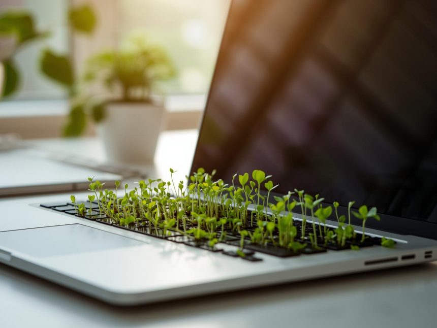 A marketer holds a glowing digital Earth surrounded by eco-icons, symbolizing planet-first digital marketing and sustainable customer engagement.
