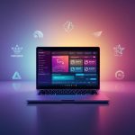 A marketer holds a glowing game controller as digital marketing icons and engagement rewards float upward, symbolizing gamification in marketing strategy.