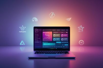 A marketer holds a glowing game controller as digital marketing icons and engagement rewards float upward, symbolizing gamification in marketing strategy.