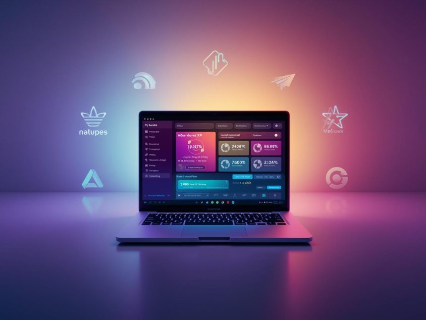 A marketer holds a glowing game controller as digital marketing icons and engagement rewards float upward, symbolizing gamification in marketing strategy.