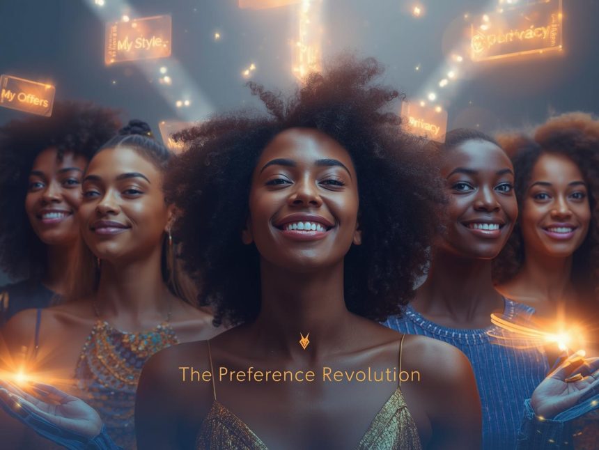 A marketer adjusting glowing sliders labeled “Personalization,” “Privacy,” and “Trust” on a futuristic dashboard, symbolizing user-driven marketing control.