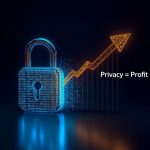 A glowing digital lock transforming into a rising bar chart, symbolizing how privacy-first strategies drive ROI in modern marketing.