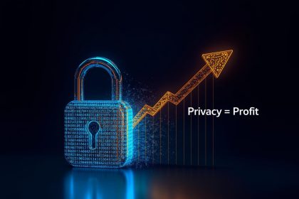 A glowing digital lock transforming into a rising bar chart, symbolizing how privacy-first strategies drive ROI in modern marketing.