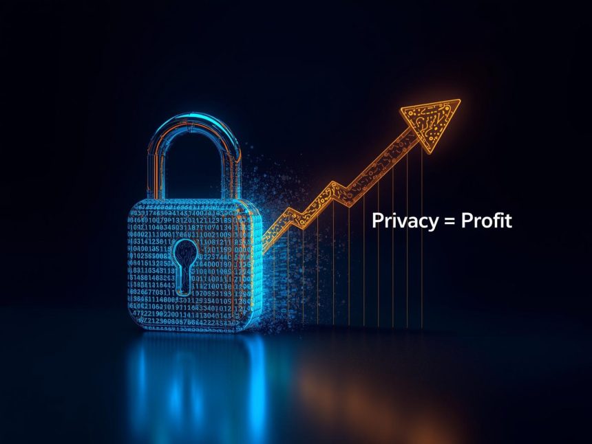 A glowing digital lock transforming into a rising bar chart, symbolizing how privacy-first strategies drive ROI in modern marketing.