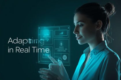 A glowing digital ad morphing seamlessly across multiple smart device screens, symbolizing responsive advertising in modern marketing.