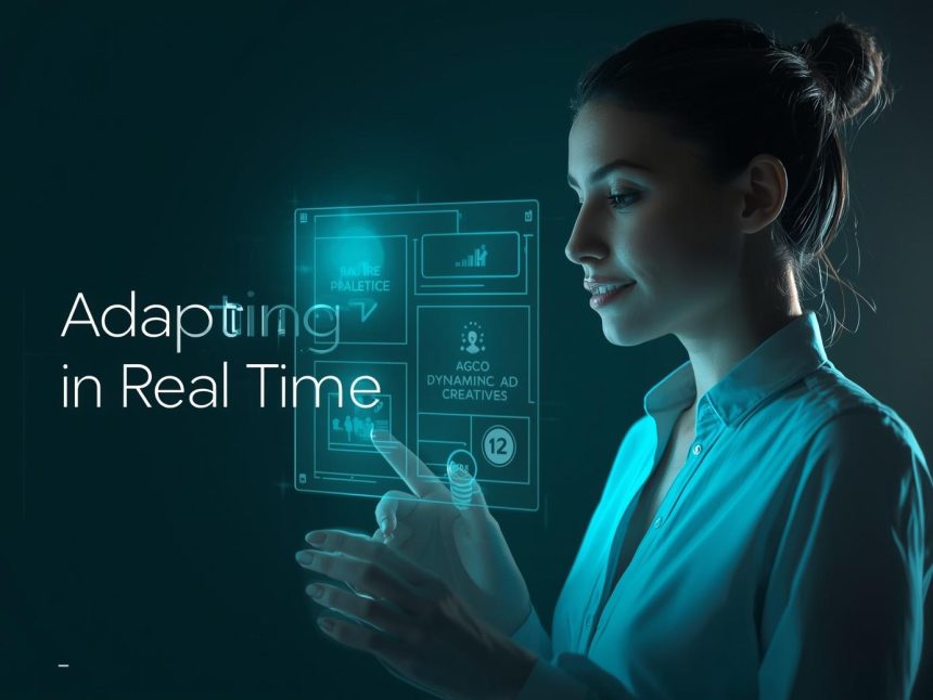 A glowing digital ad morphing seamlessly across multiple smart device screens, symbolizing responsive advertising in modern marketing.