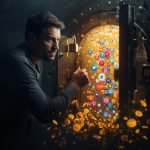 A marketer holds a glowing gift box surrounded by digital icons, symbolizing how customer rewards boost engagement and loyalty in digital marketing.