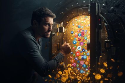 A marketer holds a glowing gift box surrounded by digital icons, symbolizing how customer rewards boost engagement and loyalty in digital marketing.