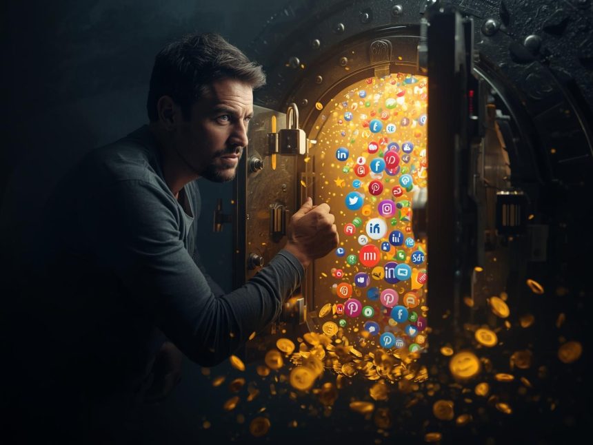 A marketer holds a glowing gift box surrounded by digital icons, symbolizing how customer rewards boost engagement and loyalty in digital marketing.