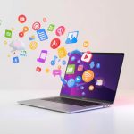 A marketer holds a glowing digital pen emitting icons of SEO, video, and social content, symbolizing how rich content empowers digital marketing success.