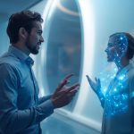 A marketer surrounded by holographic data lines directly connecting to customers, symbolizing first-party data in digital marketing.