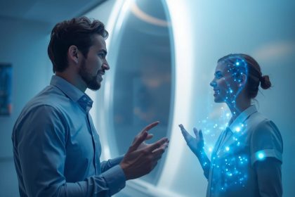 A marketer surrounded by holographic data lines directly connecting to customers, symbolizing first-party data in digital marketing.