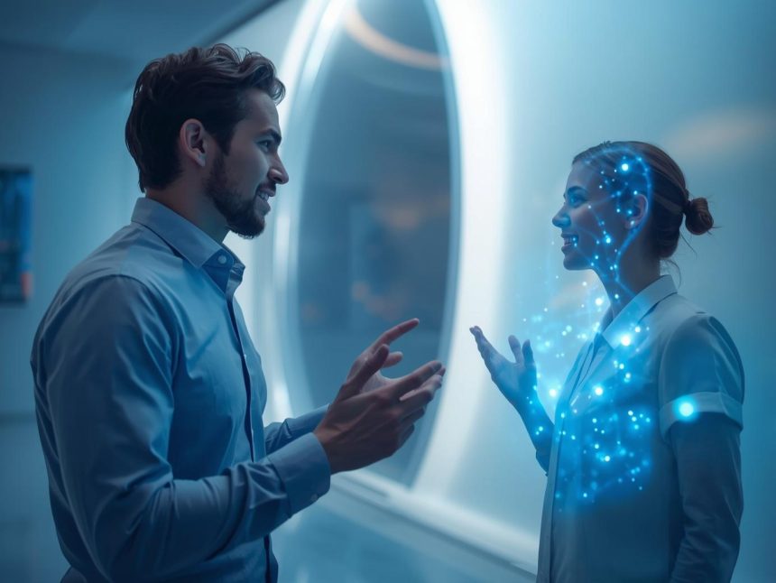 A marketer surrounded by holographic data lines directly connecting to customers, symbolizing first-party data in digital marketing.