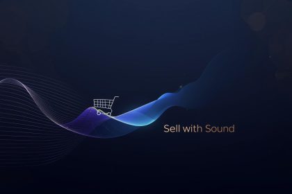 A marketer wearing headphones holding a glowing soundwave shaped like a dollar sign, symbolizing the marketing power of audio snippets.