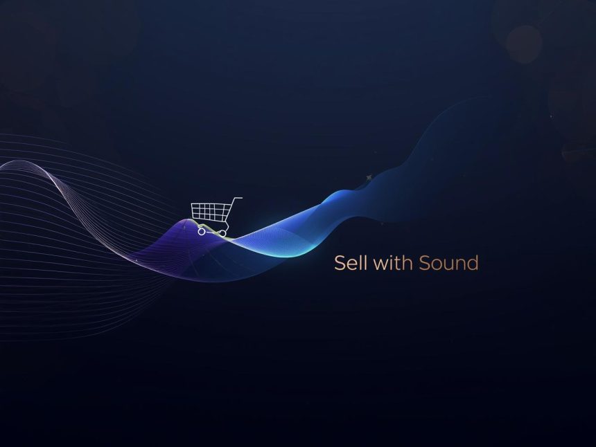 A marketer wearing headphones holding a glowing soundwave shaped like a dollar sign, symbolizing the marketing power of audio snippets.