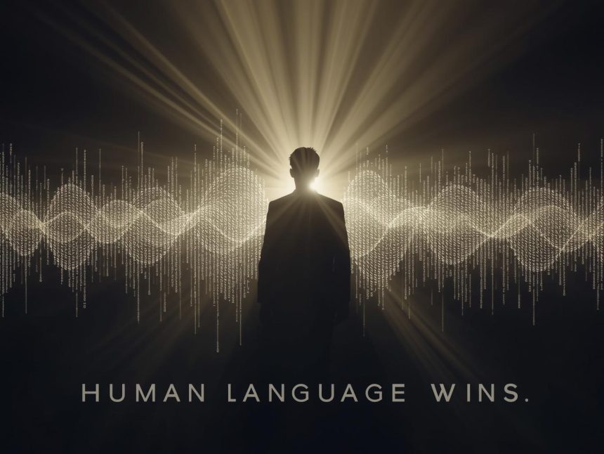 A marketer speaking with a glowing AI hologram showing empathy, symbolizing the rise of natural, human-like language in digital marketing.