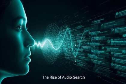 A marketer speaking into a glowing microphone as holographic search results appear, symbolizing the rise of audio and voice search in digital marketing.