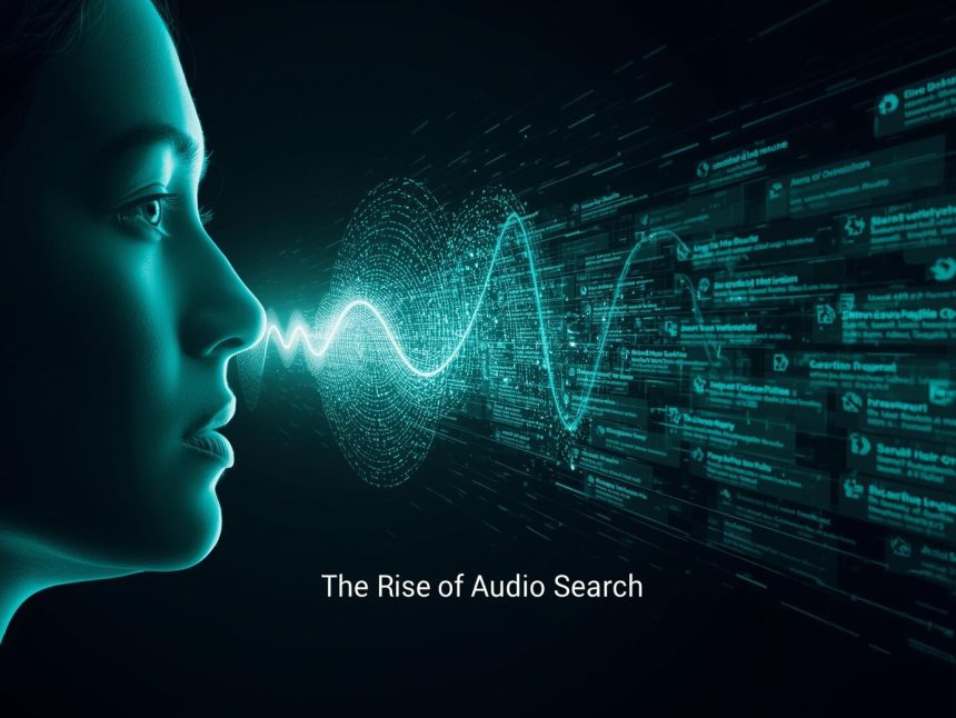 A marketer speaking into a glowing microphone as holographic search results appear, symbolizing the rise of audio and voice search in digital marketing.