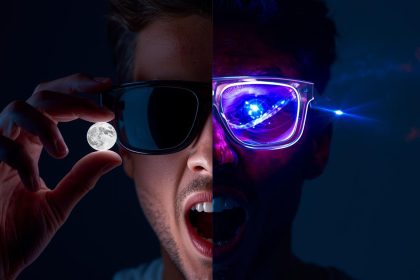 A customer wearing VR glasses reaches for a glowing 3D product surrounded by digital shopping icons, symbolizing the power of immersive media in modern marketing.