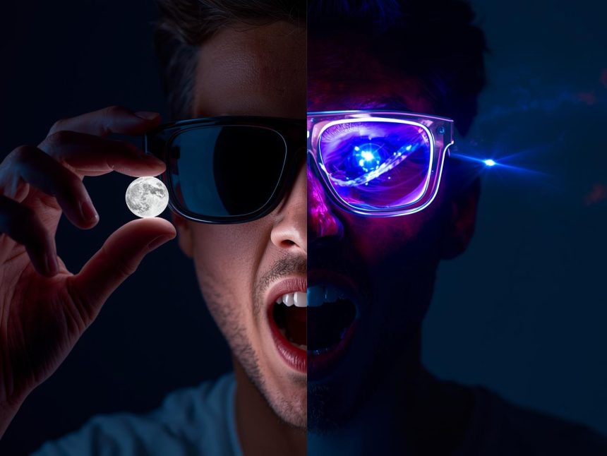 A customer wearing VR glasses reaches for a glowing 3D product surrounded by digital shopping icons, symbolizing the power of immersive media in modern marketing.