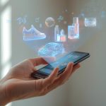 A marketer wearing AR/VR glasses steps through a glowing digital portal filled with holographic ads and data, symbolizing the future of immersive marketing.