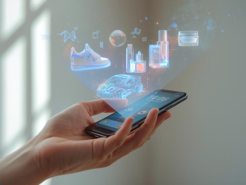 A marketer wearing AR/VR glasses steps through a glowing digital portal filled with holographic ads and data, symbolizing the future of immersive marketing.